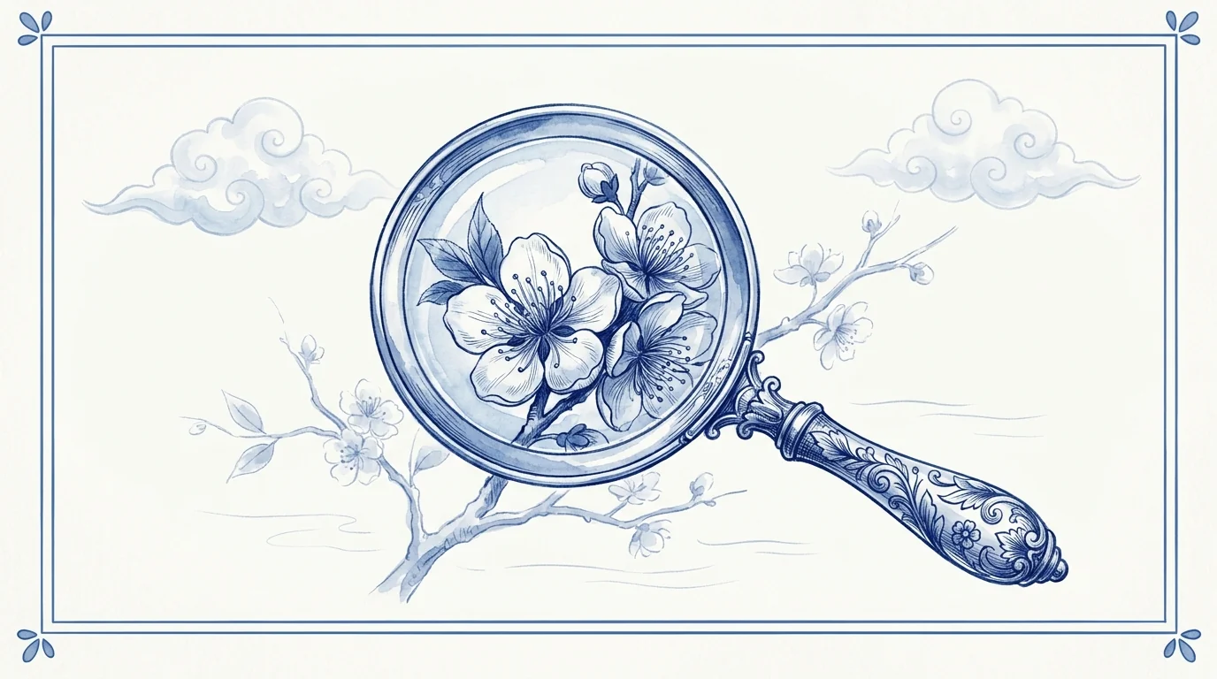 Illustration bleu et blanc : une loupe révèle le détail de fleurs de prunier sur une branche, métaphore de l'audit qui examine chaque point de la boutique