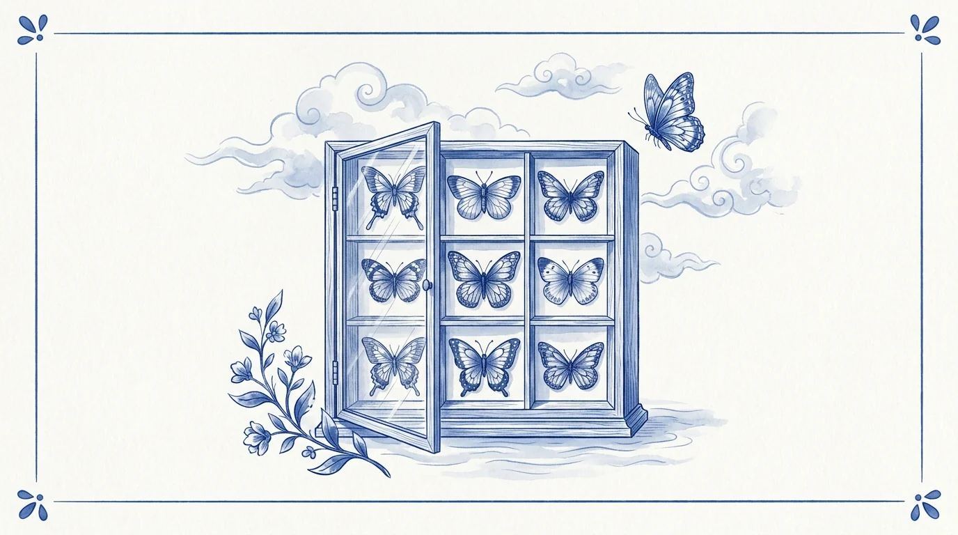 Illustration bleu et blanc : une vitrine de naturaliste aux papillons parfaitement rangés en grille, métaphore des données structurées d'un catalogue