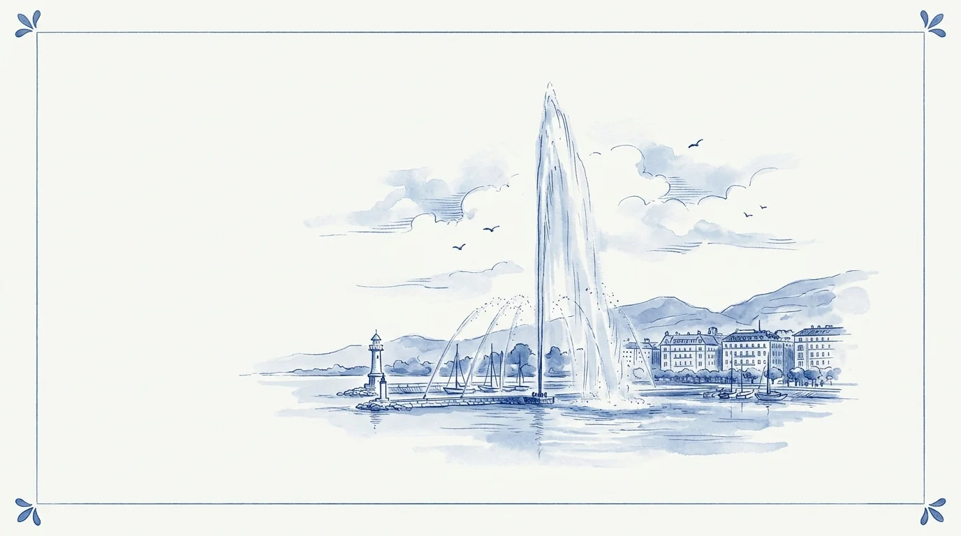 Illustration bleu et blanc : le Jet d'eau de Genève s'élevant au-dessus de la rade, avec voiliers, phare et façades du quai