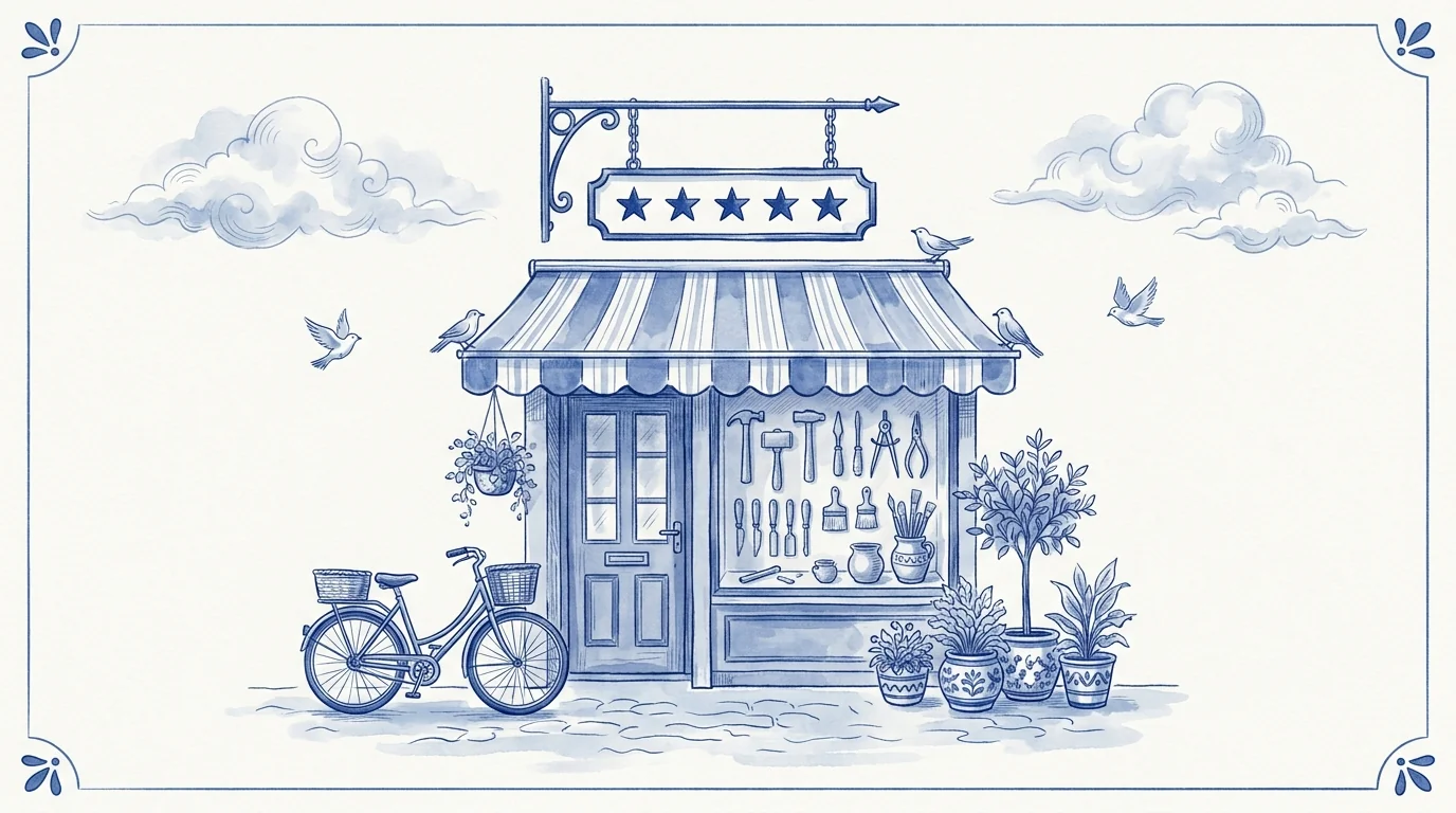 Illustration bleu et blanc : une échoppe d'artisan avec son auvent rayé et une enseigne suspendue ornée de cinq étoiles, métaphore de la fiche Google et des avis