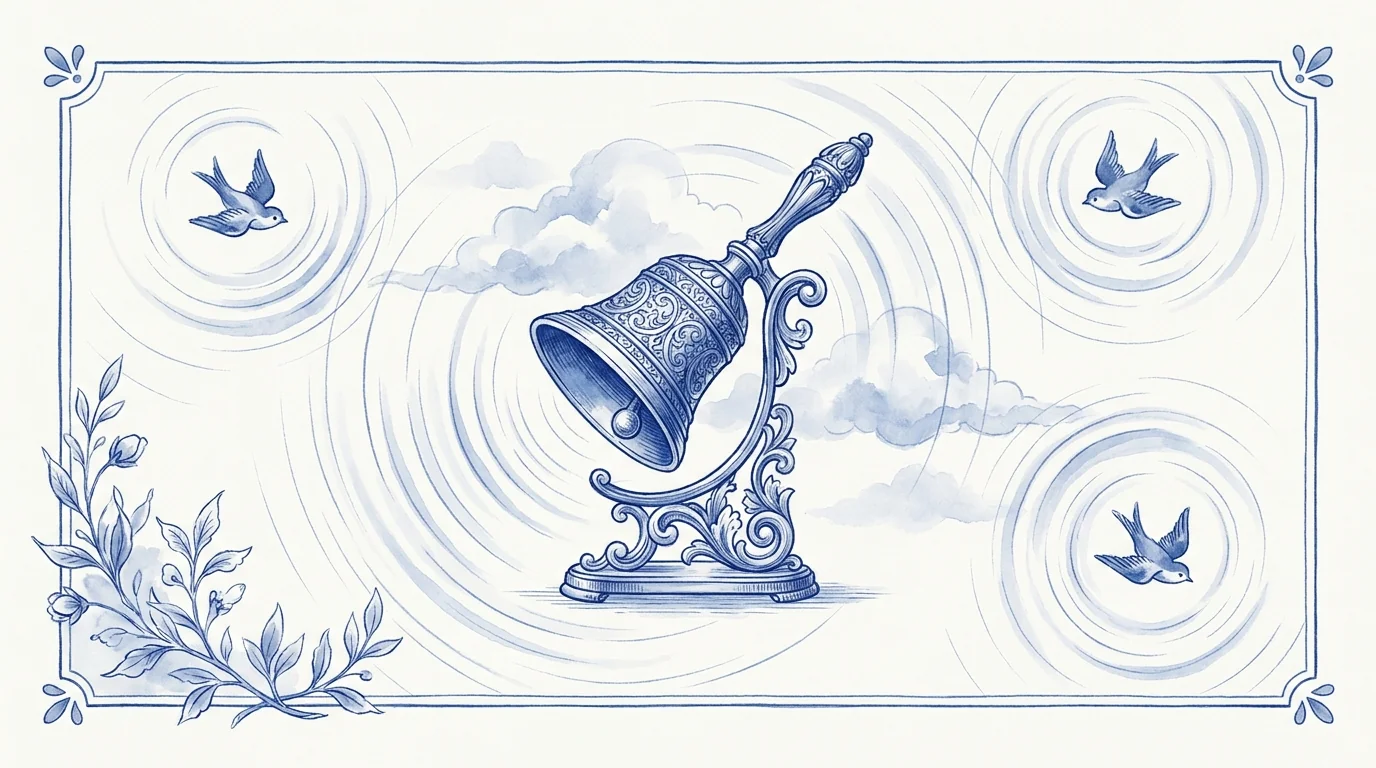 Illustration bleu et blanc : une cloche dont le son se propage en ondes concentriques portées par des oiseaux, métaphore d'une boutique citée par les moteurs IA