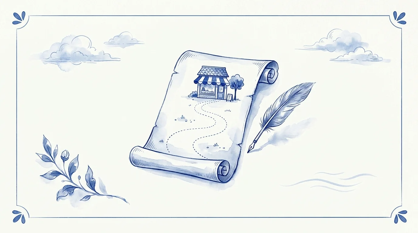 Illustration bleu et blanc : un parchemin déroulé montre un chemin en pointillés menant à une petite boutique, métaphore du fichier llms.txt qui guide les IA