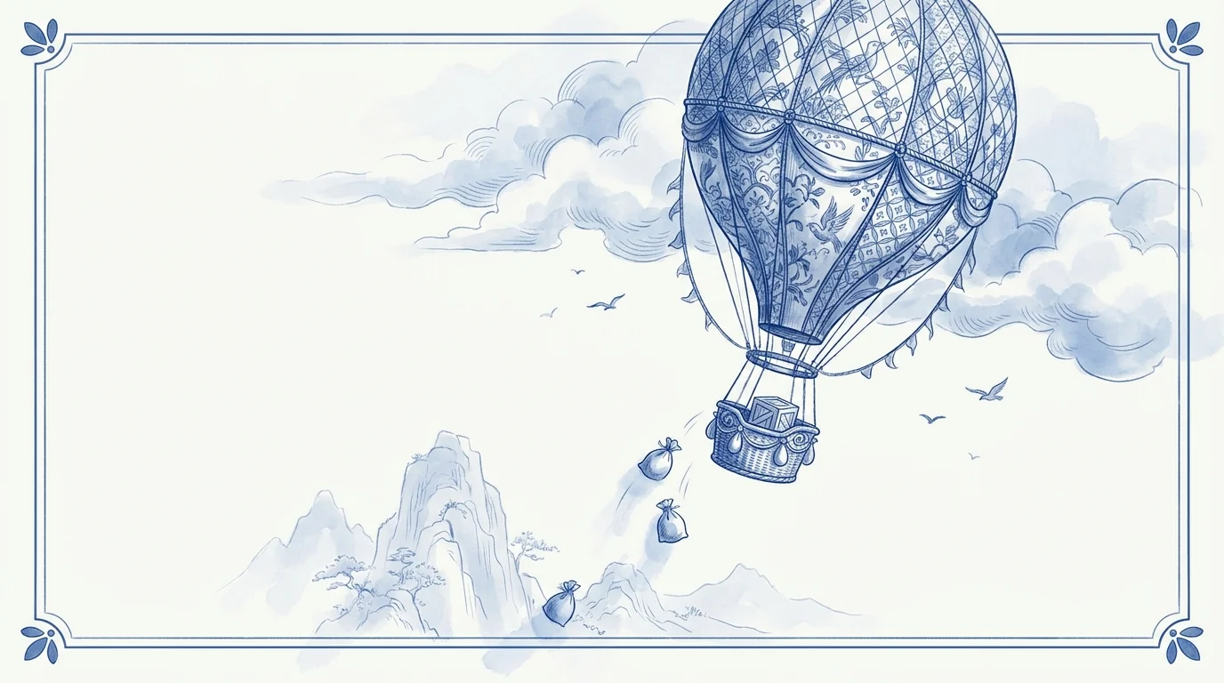 Illustration bleu et blanc : une montgolfière s'élève en lâchant des sacs de lest au-dessus des montagnes, métaphore de l'allègement du coût de possession en quittant Magento