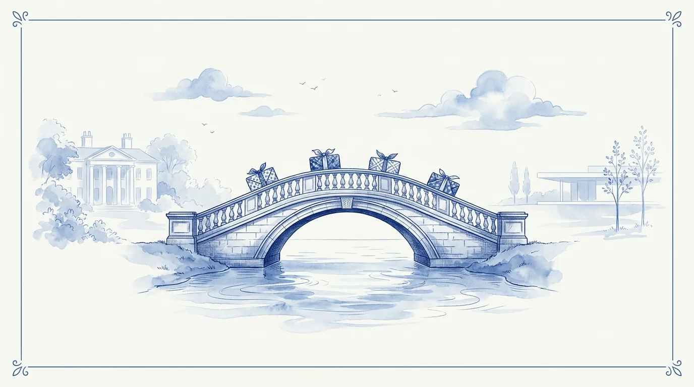 Illustration au trait : des caisses traversent une passerelle entre un ancien bâtiment et une structure neuve, métaphore de la migration PrestaShop