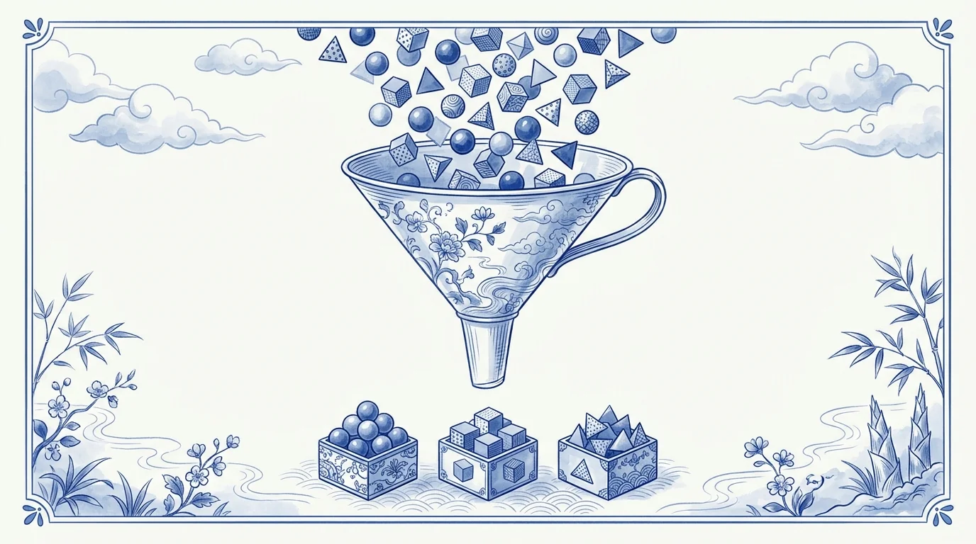 Illustration au trait : une machine de tri mécanique réorganise des objets en vrac dans des compartiments ordonnés, métaphore du mapping de catalogue WooCommerce vers PrestaShop