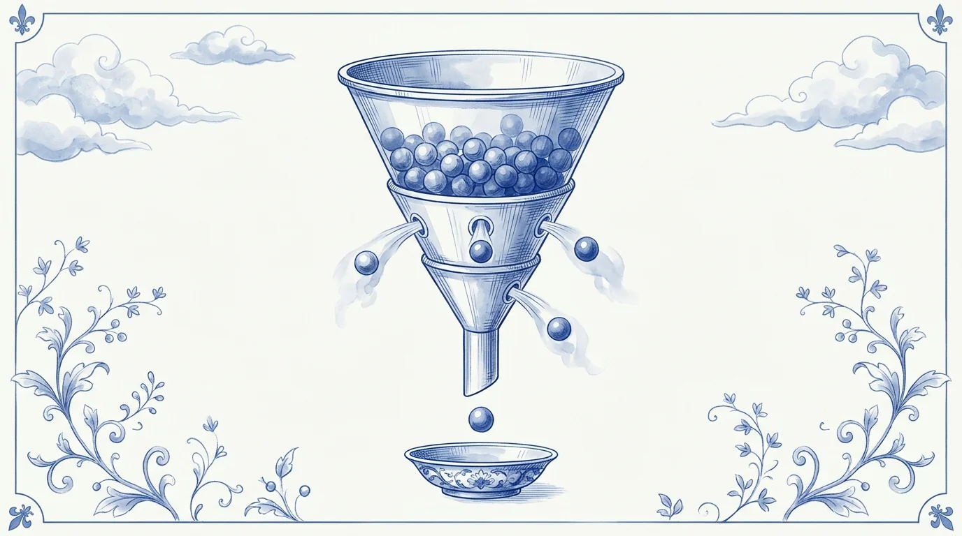 Illustration au trait : un entonnoir de laboratoire à plusieurs étages laisse échapper des billes à chaque étape, seules quelques billes bleues atteignent la sortie, métaphore du tunnel de commande