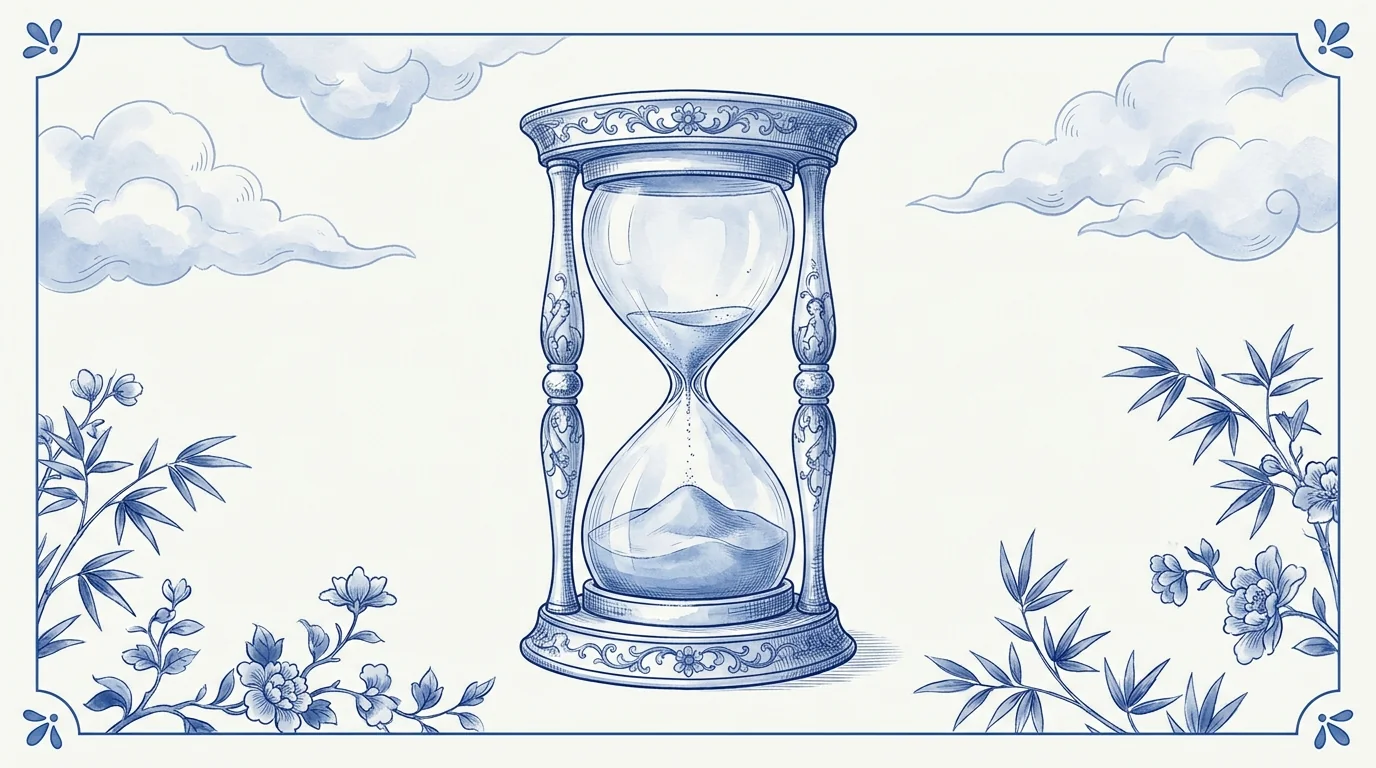 Illustration bleu et blanc : un sablier ancien presque écoulé entouré de feuillages, métaphore de la fin de vie de PrestaShop 1.6 et 1.7