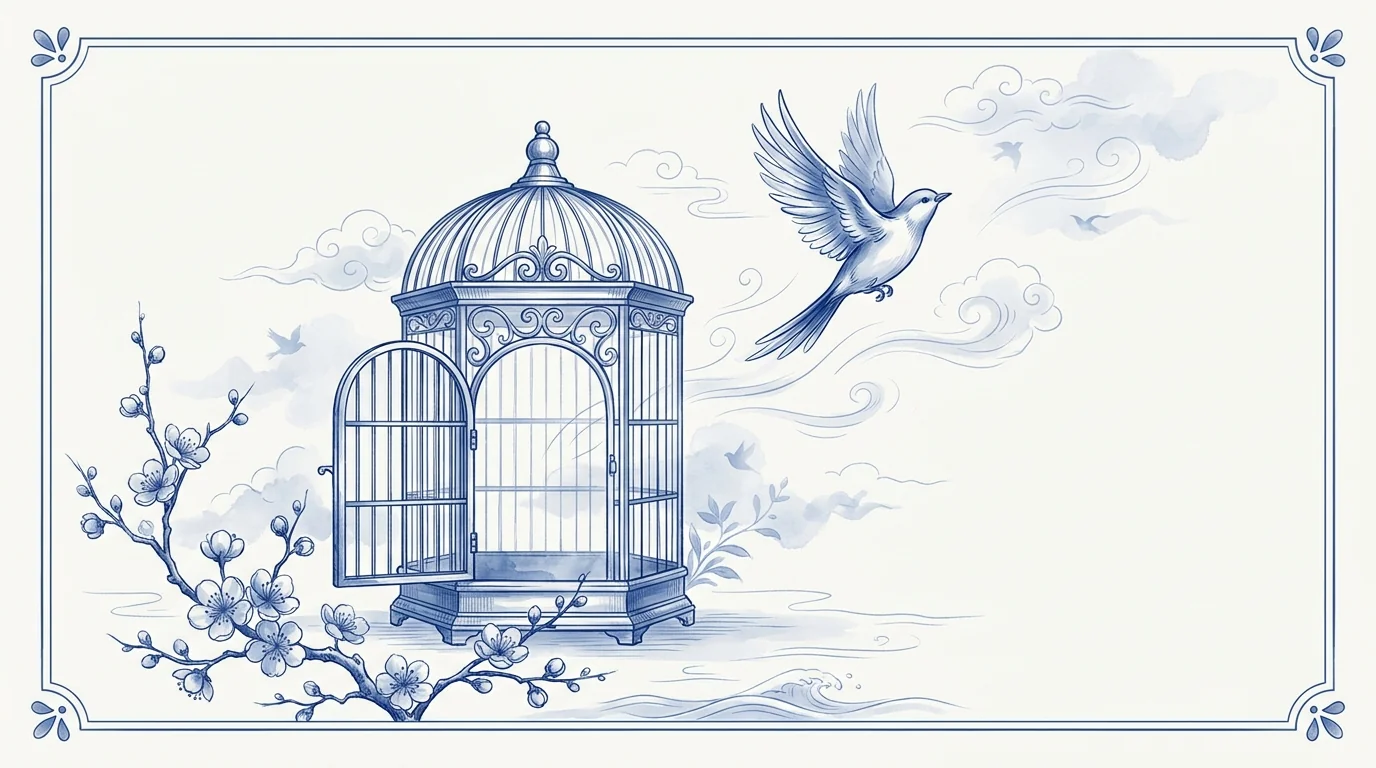 Illustration bleu et blanc : un oiseau s'envole d'une cage ouverte près d'une branche de prunier en fleurs, métaphore de la reprise de contrôle en quittant Shopify