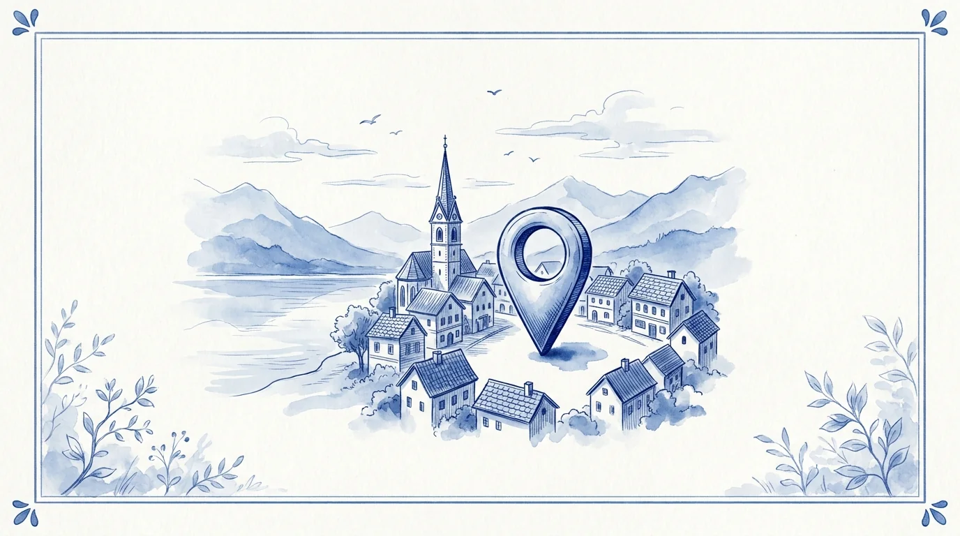 Illustration bleu et blanc : un bourg alpin au bord d'un lac, avec une grande épingle de carte plantée sur la place du village, métaphore du référencement local