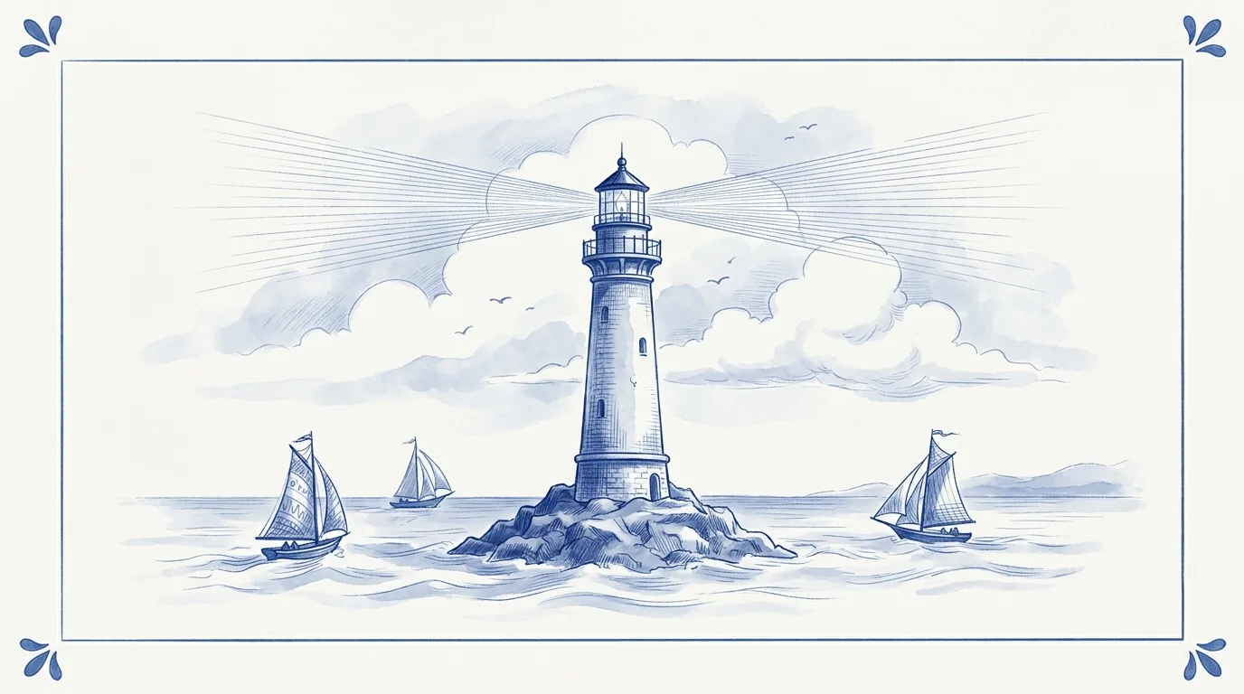 Illustration bleu et blanc : un phare guide trois voiliers vers lui, métaphore du référencement qui amène les visiteurs à la boutique